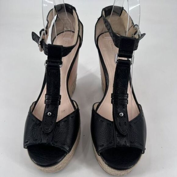 Coach Gala Black Leather Wedges Espadrille Wood Size 10 Peep toe T Strap Sandals - Picture 2 of 12